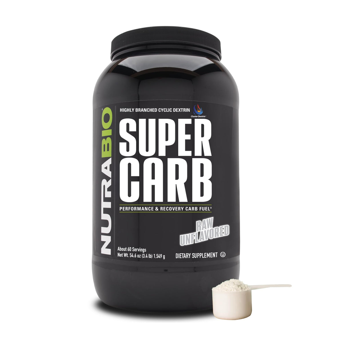 NutraBio Super Carb bottle showing cluster dextrin for steady energy during workouts