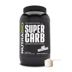 NutraBio Super Carb bottle showing cluster dextrin for steady energy during workouts