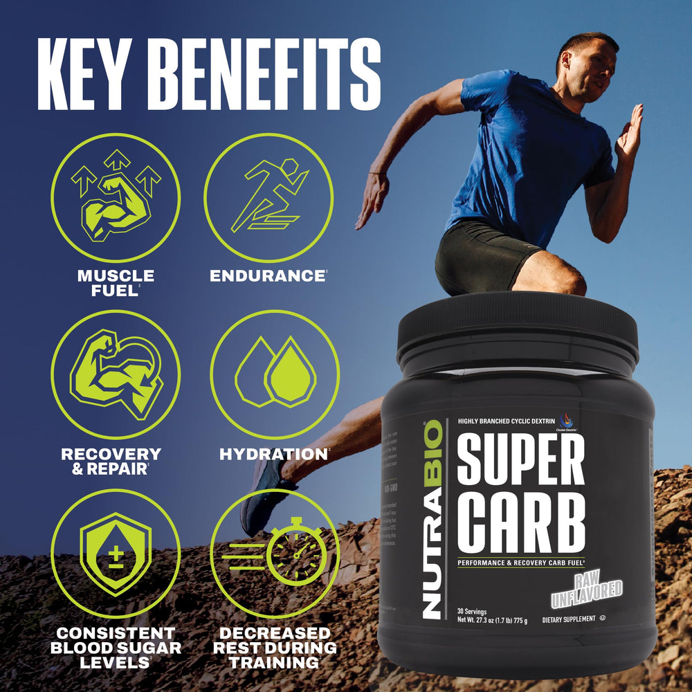 NutraBio Super Carb scoop demonstrates convenient pre-workout fueling option.