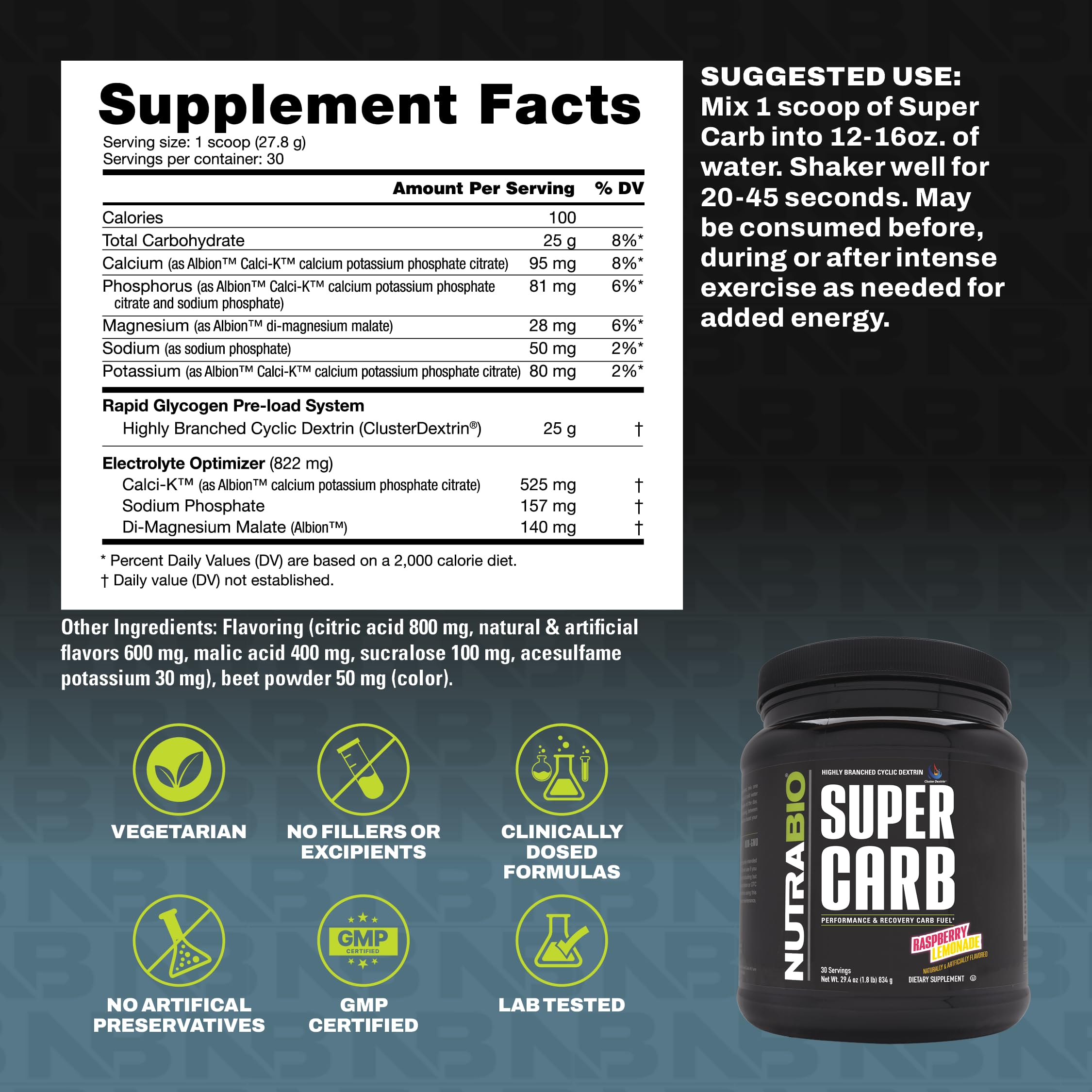 NutraBio Super Carb being mixed in water suggests easy hydration and mixability.