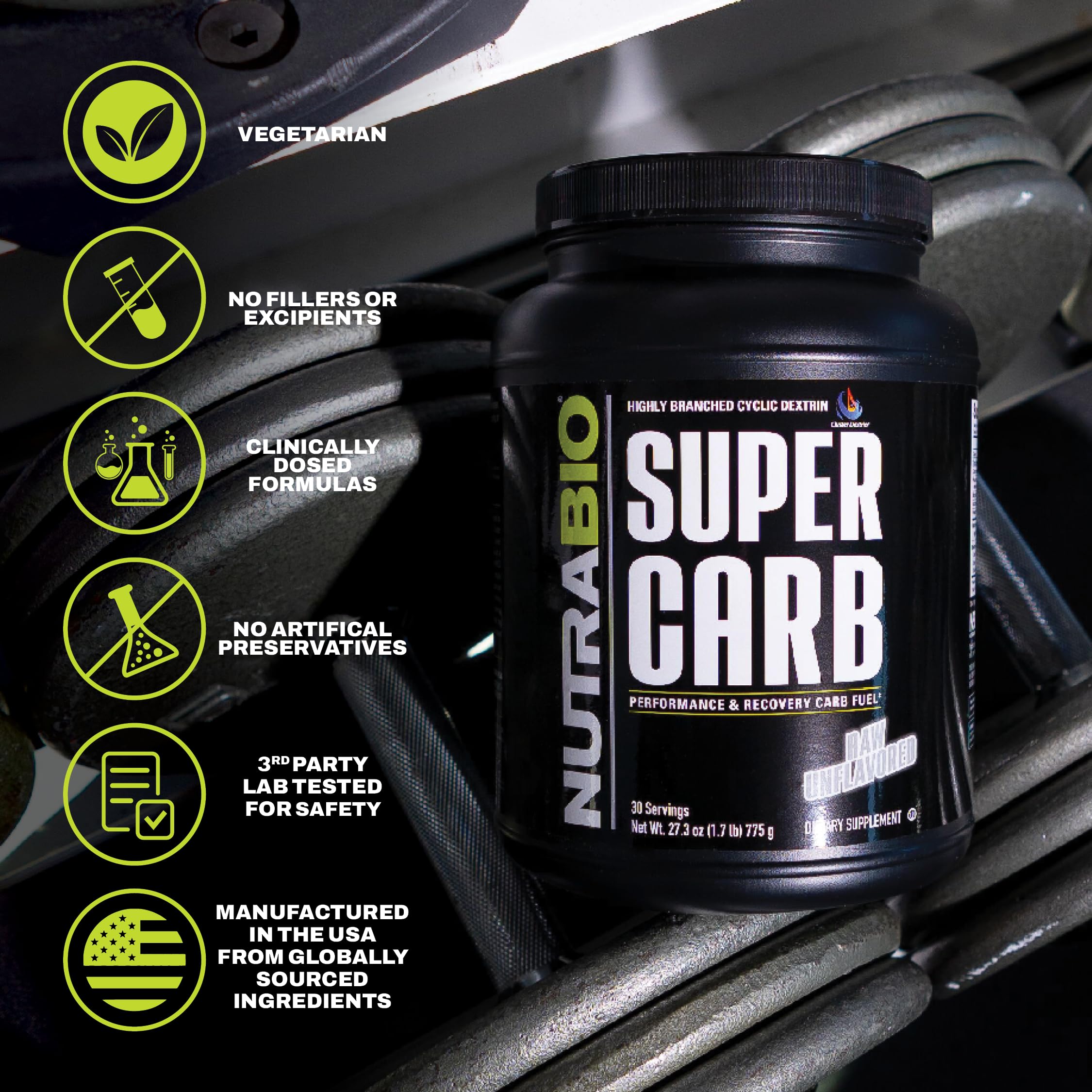 NutraBio Super Carb electrolyte blend visualizes cramp-preventing hydration support.
