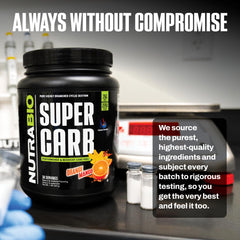 NutraBio Super Carb orange mango in a glass, highlighting hydration and performance support
