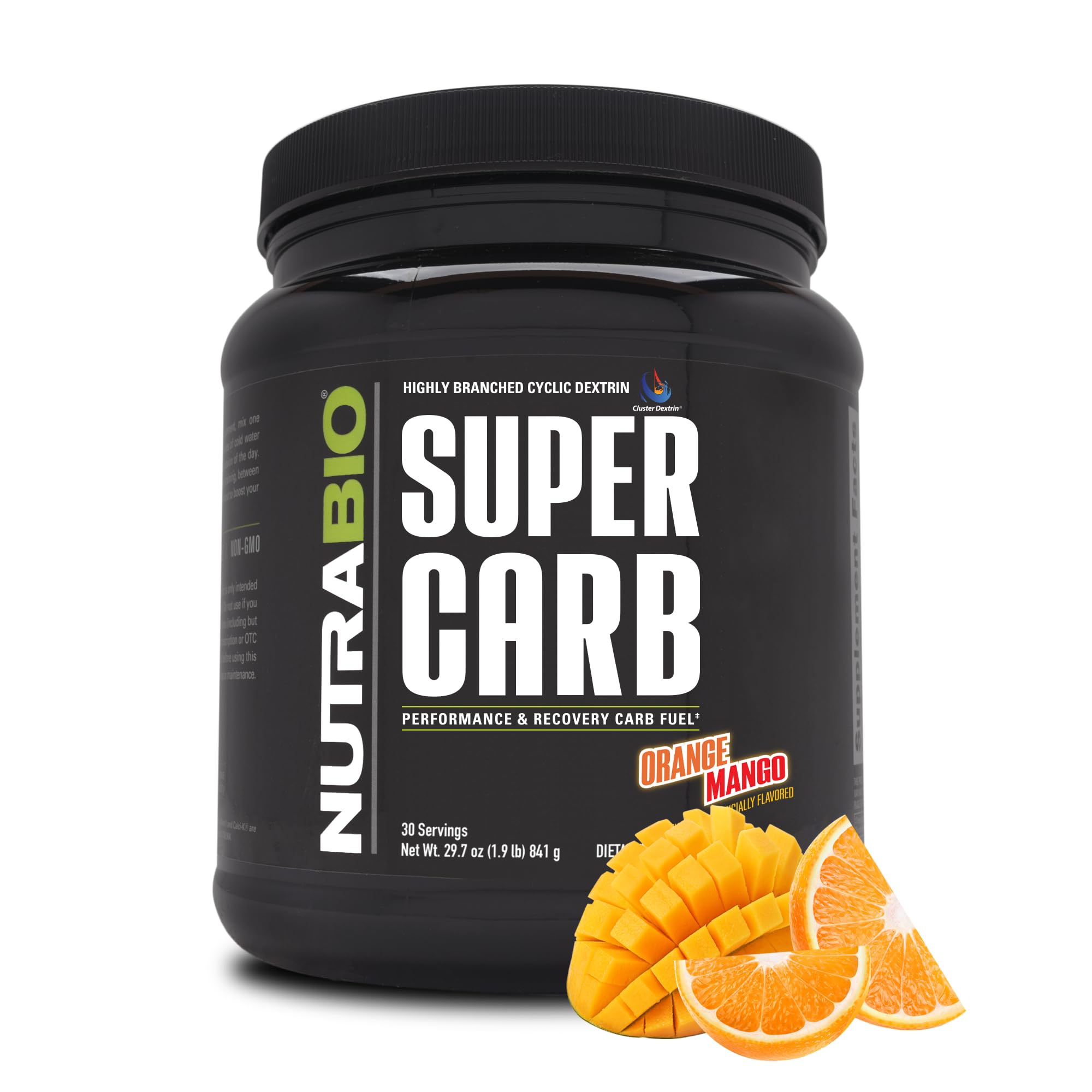 NutraBio Super Carb orange mango tub front, a ready-to-use energy source for workouts