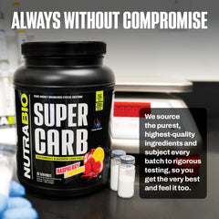 NutraBio Super Carb serving scoop illustrates convenient intra‑workout fueling.