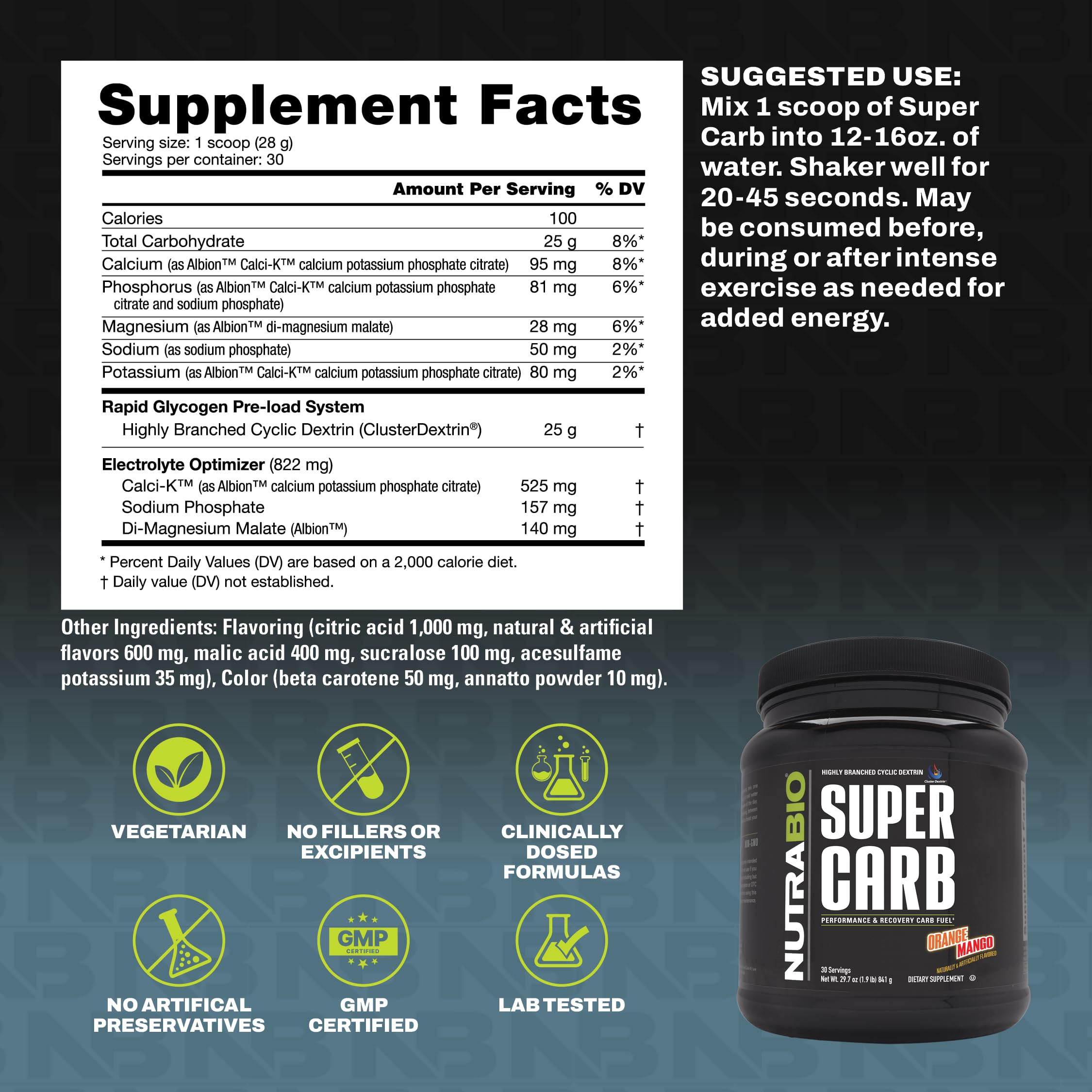 NutraBio Super Carb third party testing seal on packaging for quality assurance