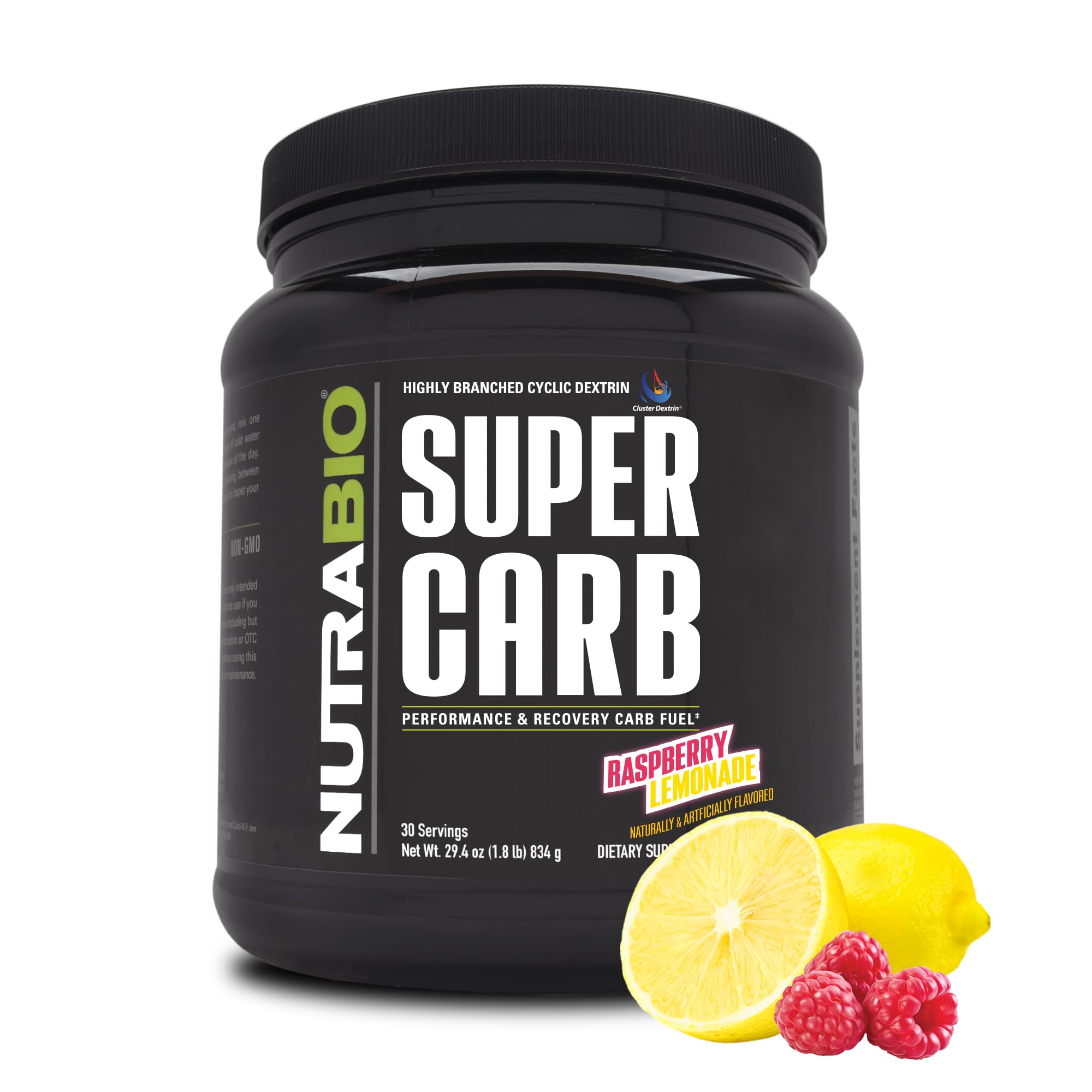 NutraBio Super Carb tub front showing cluster dextrin for steady energy.
