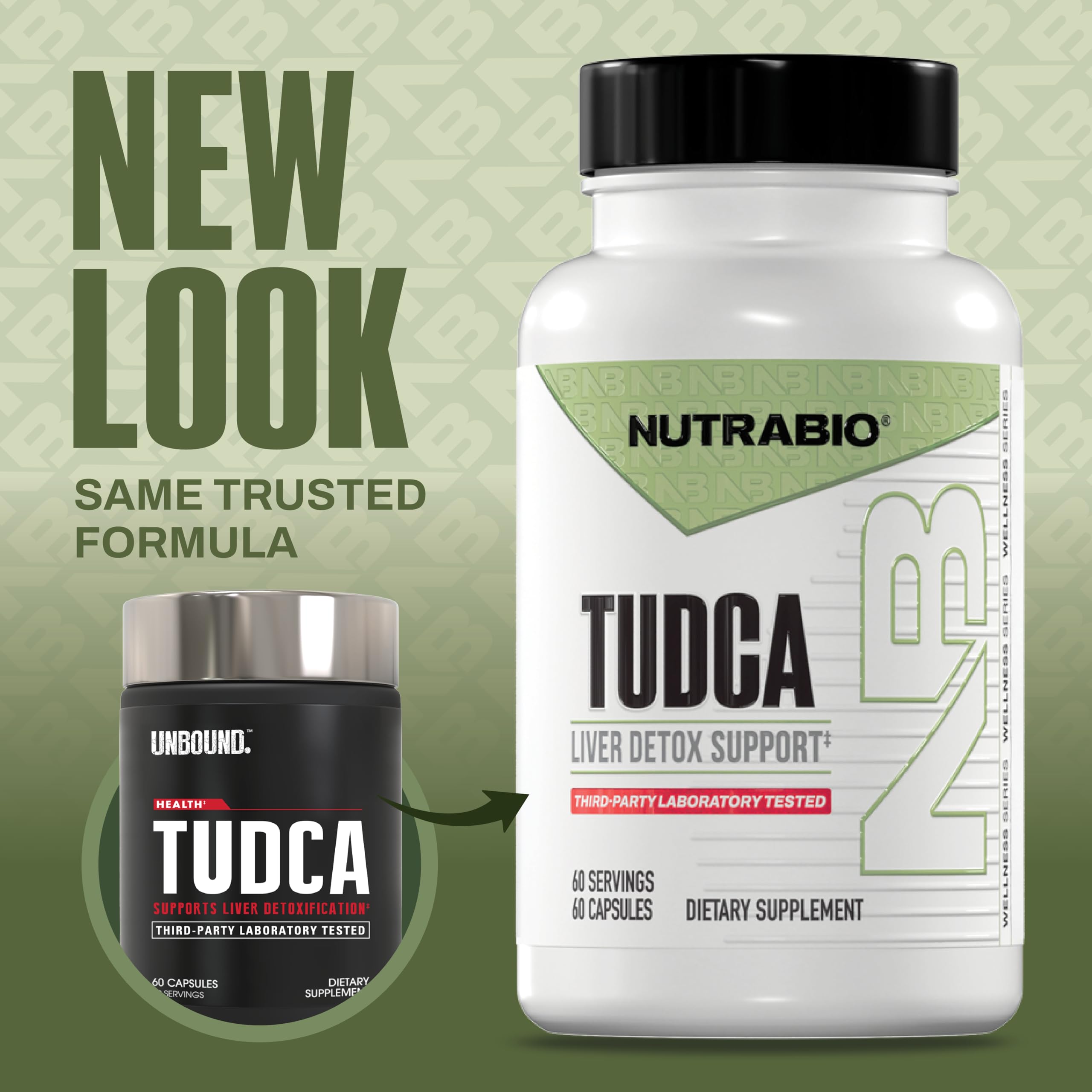 NutraBio Tudca capsules arranged, suggesting simple daily wellness.