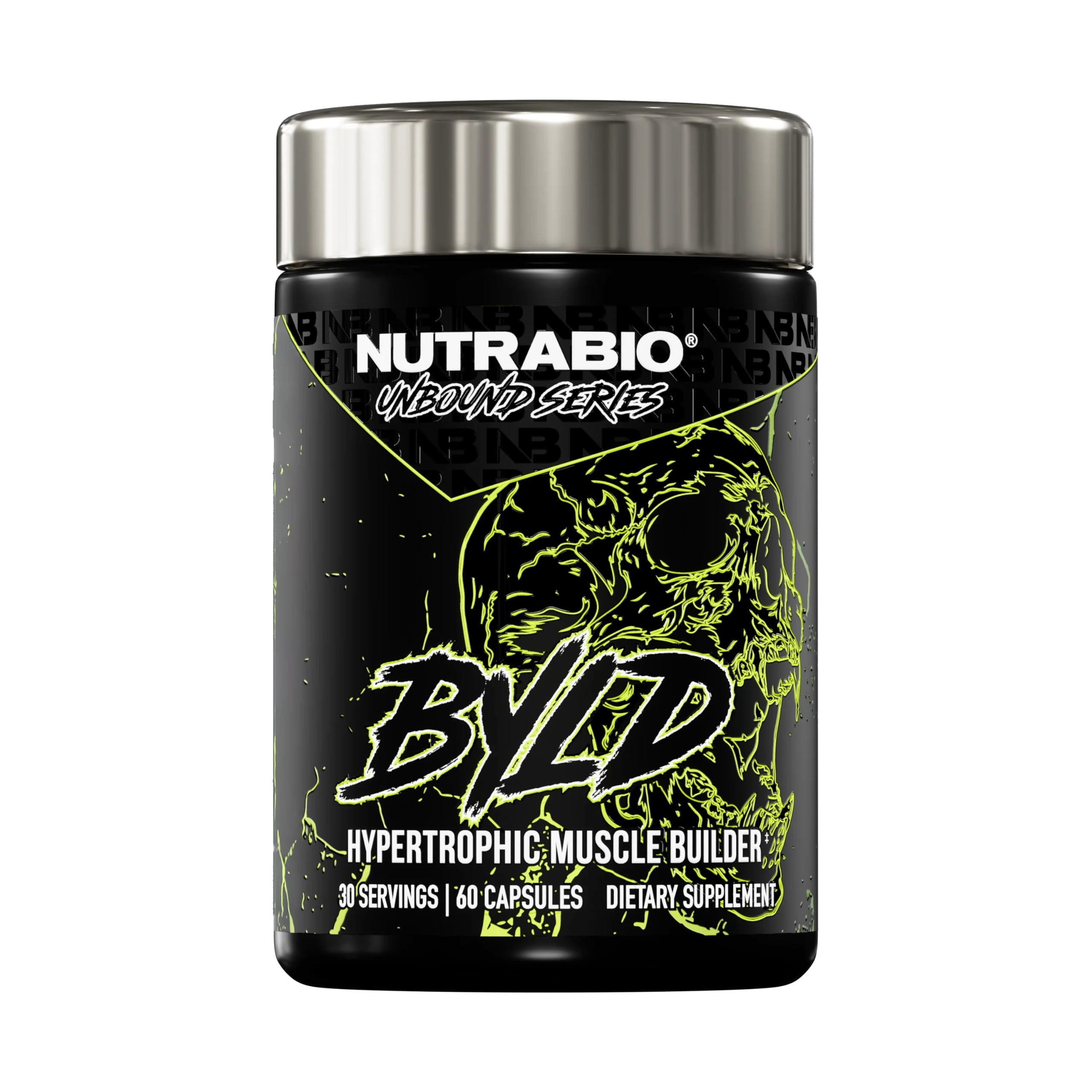 NutraBio Unbound BYLD bottle label showing muscle growth support.