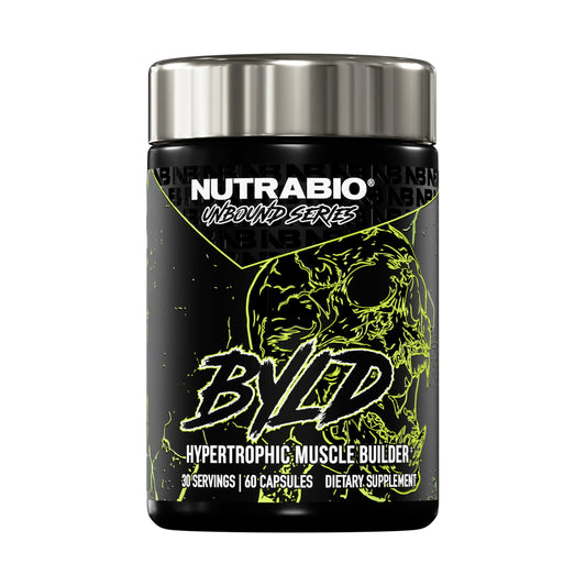 NutraBio Unbound BYLD bottle label showing muscle growth support.