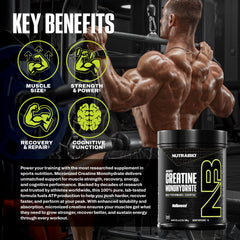 NutraBio unflavored creatine powder close-up showing clean, odorless mix