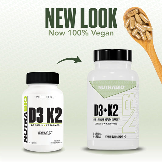 NutraBio D3 K2 capsules ready for daily use supporting bone health