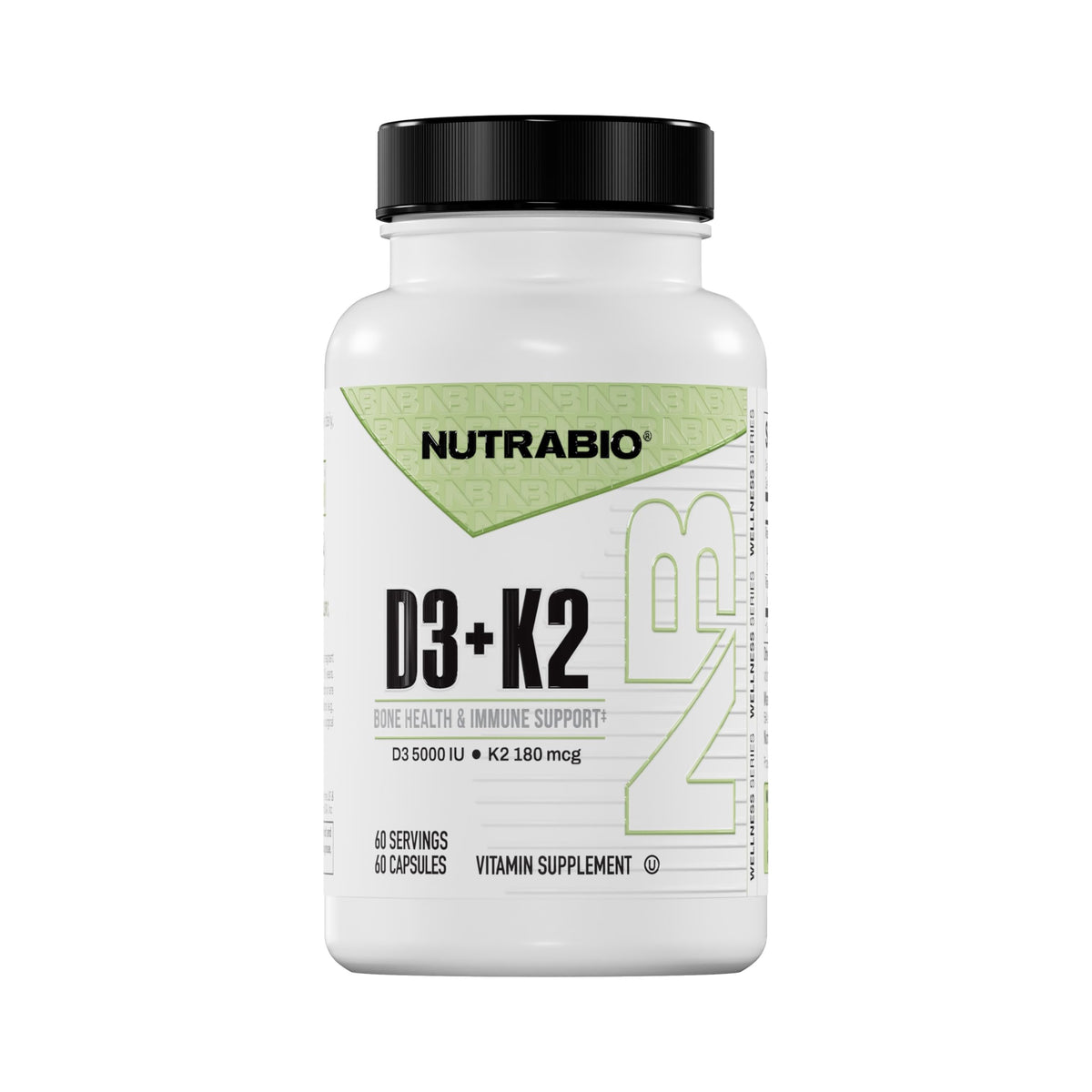 NutraBio Vitamin D3 K2 bottle front label showing dosage for bone support