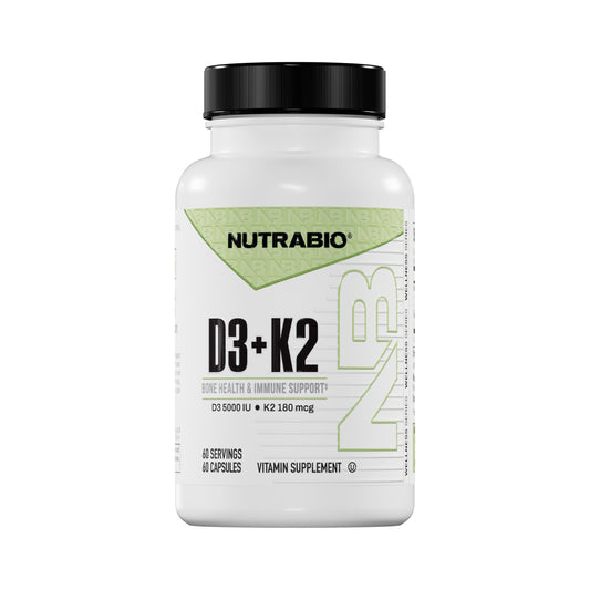 NutraBio Vitamin D3 K2 bottle front label showing dosage for bone support