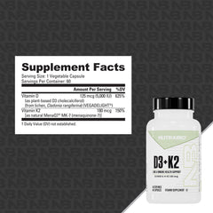 NutraBio D3 K2 clear label showing MK-7 potency
