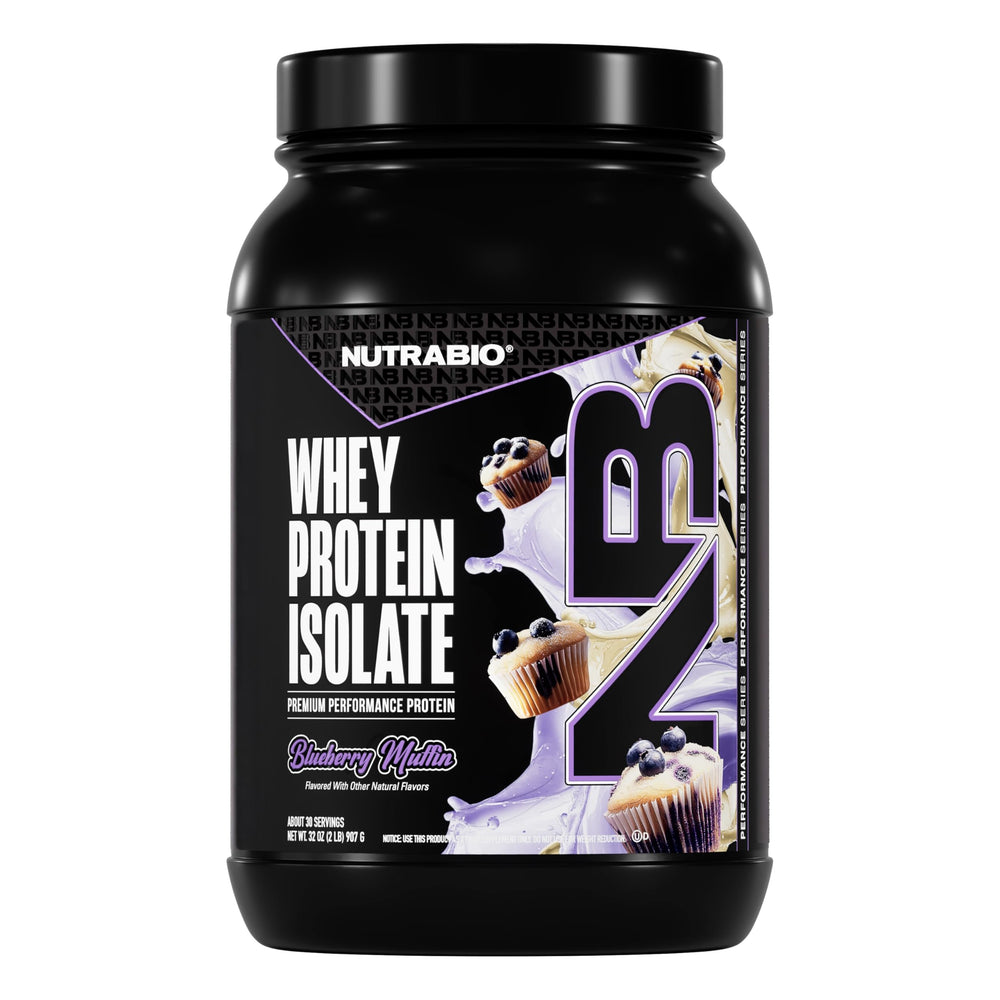 NutraBio 100% Whey Protein Isolate bottle for post-workout recovery.