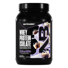 NutraBio 100% Whey Protein Isolate bottle for post-workout recovery.