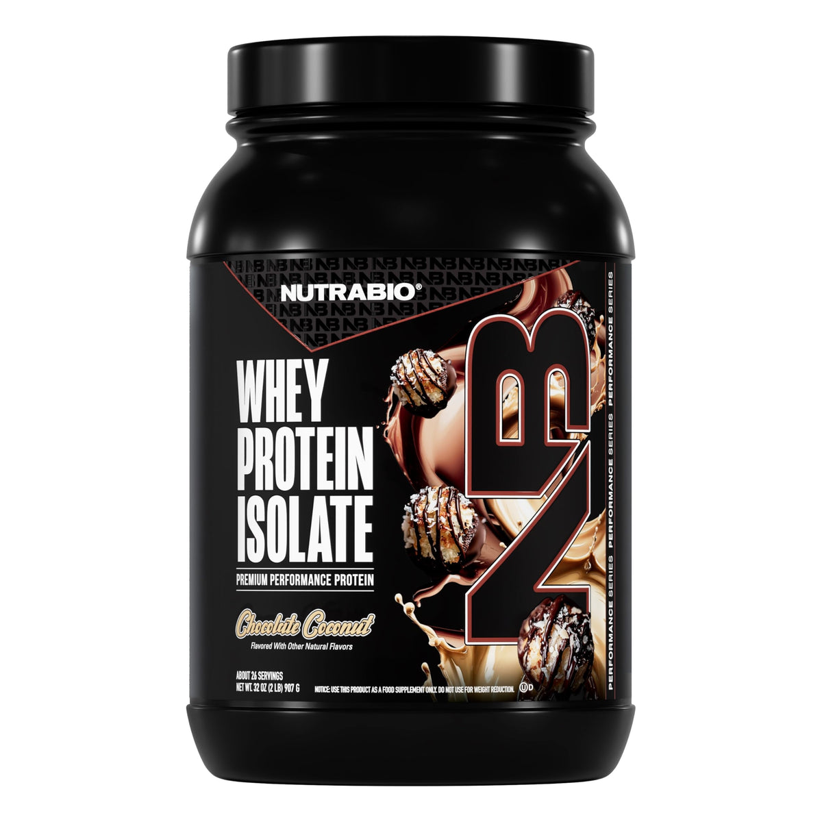 NutraBio Whey Isolate Chocolate Coconut bottle shows premium protein for post-workout recovery.