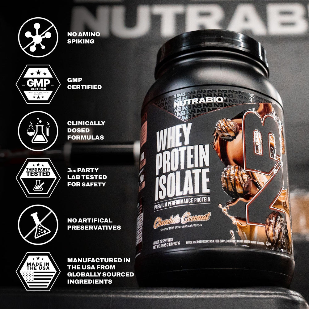 NutraBio Whey Isolate Chocolate Coconut glass with shake highlights flavor and texture.