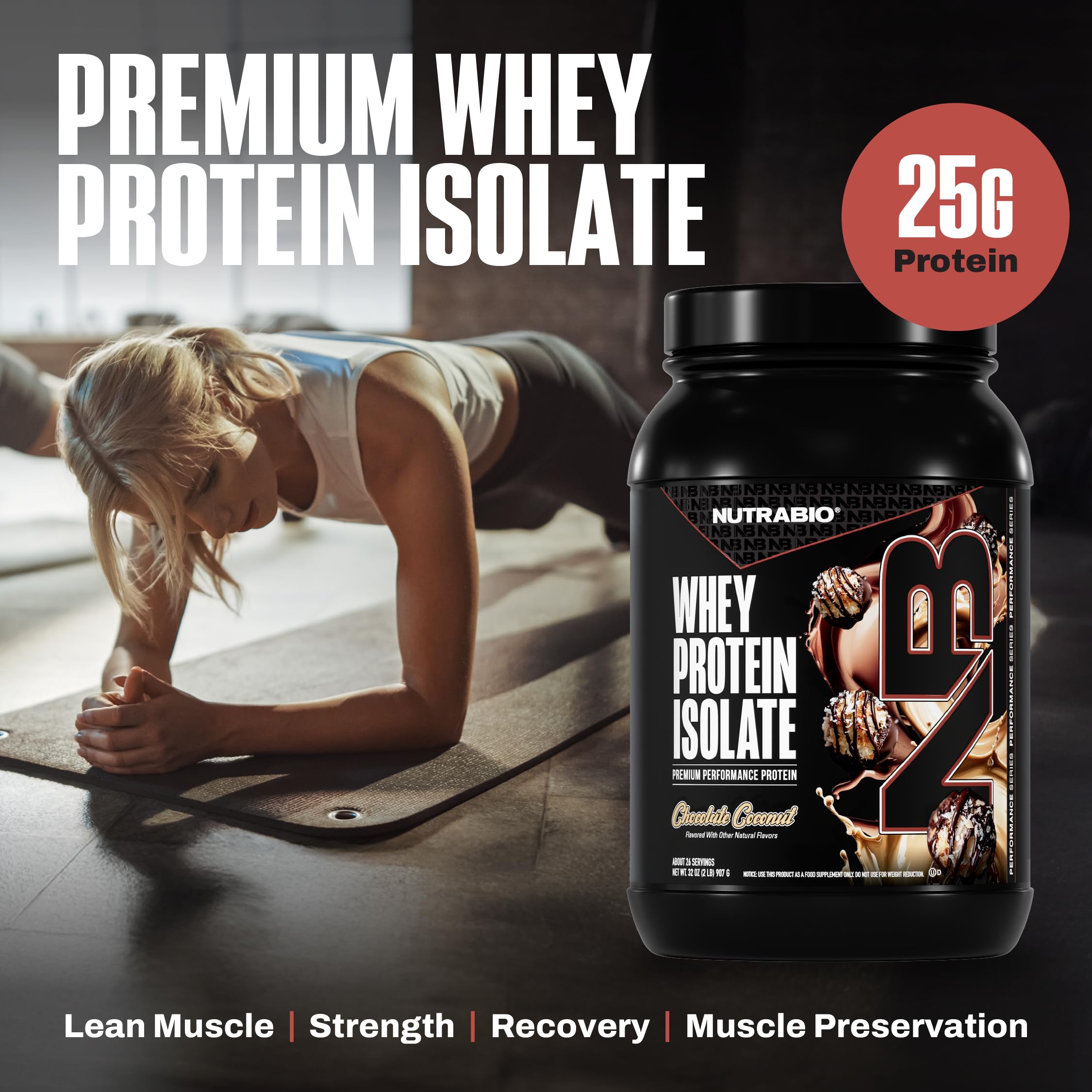 NutraBio Whey Isolate Chocolate Coconut packaging emphasizes non-GMO and gluten-free credentials.