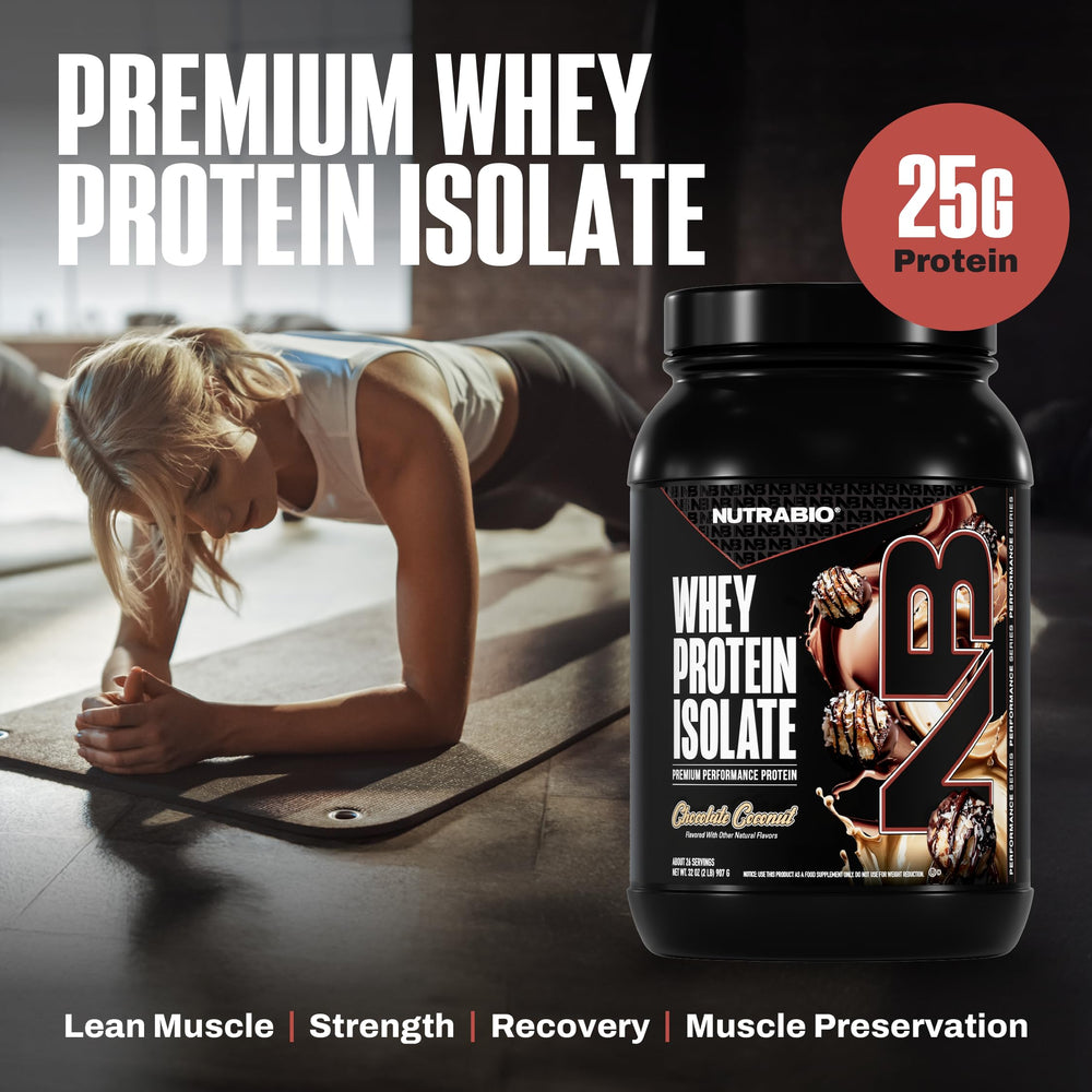 NutraBio Whey Isolate Chocolate Coconut packaging emphasizes non-GMO and gluten-free credentials.