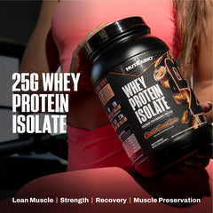 NutraBio whey isolate powder close-up highlighting soy and gluten free formula