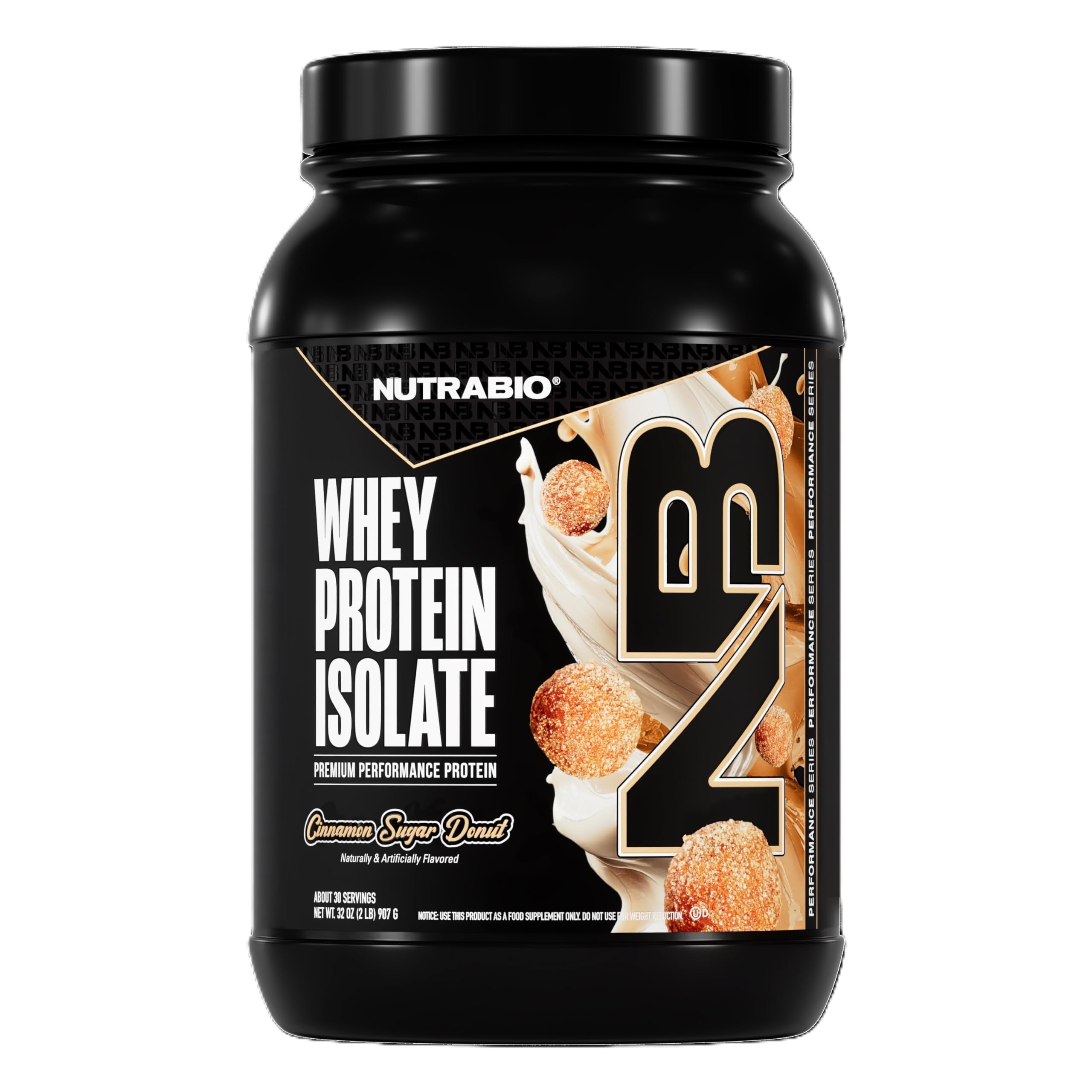 NutraBio Whey Isolate tub in Cinnamon Sugar Donut flavor for post-workout recovery