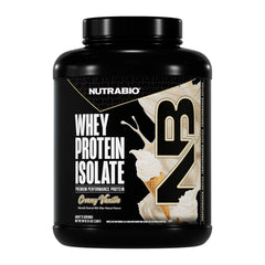 NutraBio Whey Isolate creamy vanilla powder in a tub for daily shakes