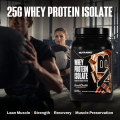 NutraBio whey isolate non-GMO seal displayed.