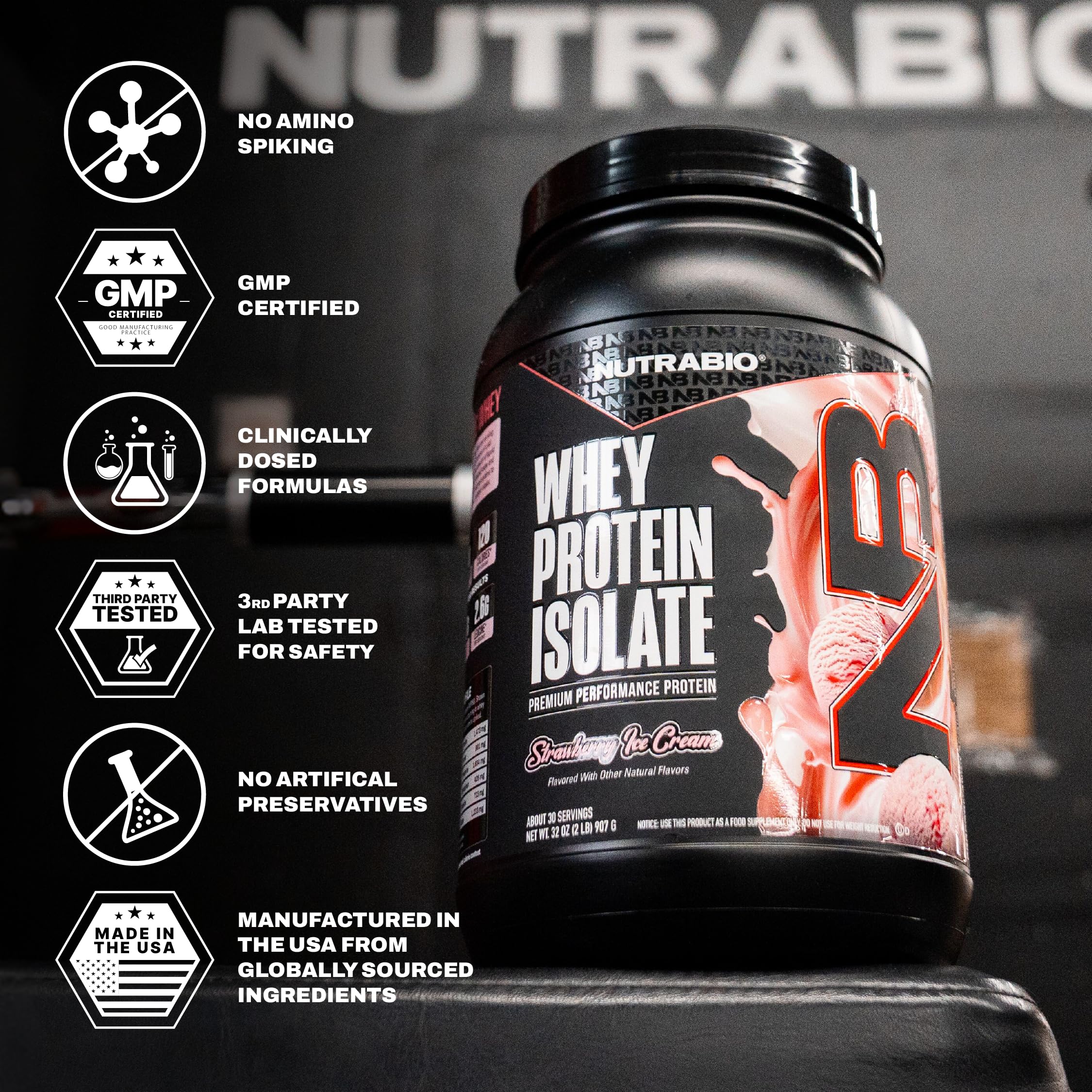 NutraBio packaging displays 2 Lbs size and gluten-free claim