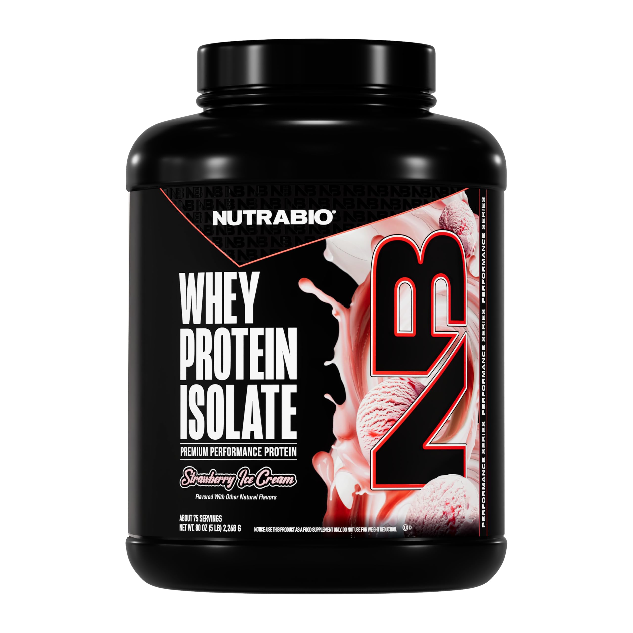 NutraBio 100% Whey Isolate powder bag shows high-protein formula for lean muscle support.