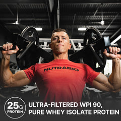 NutraBio Whey Isolate powder-dispense shows clean labeling and easy measurement.