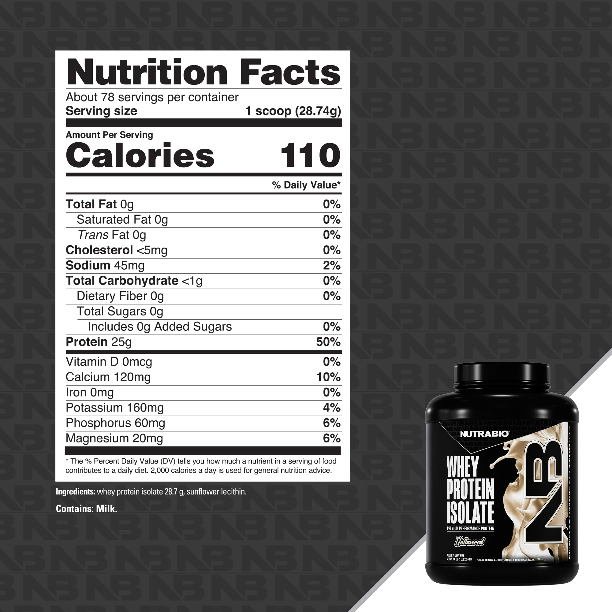 NutraBio Whey Isolate powder on counter highlighting low calorie option.