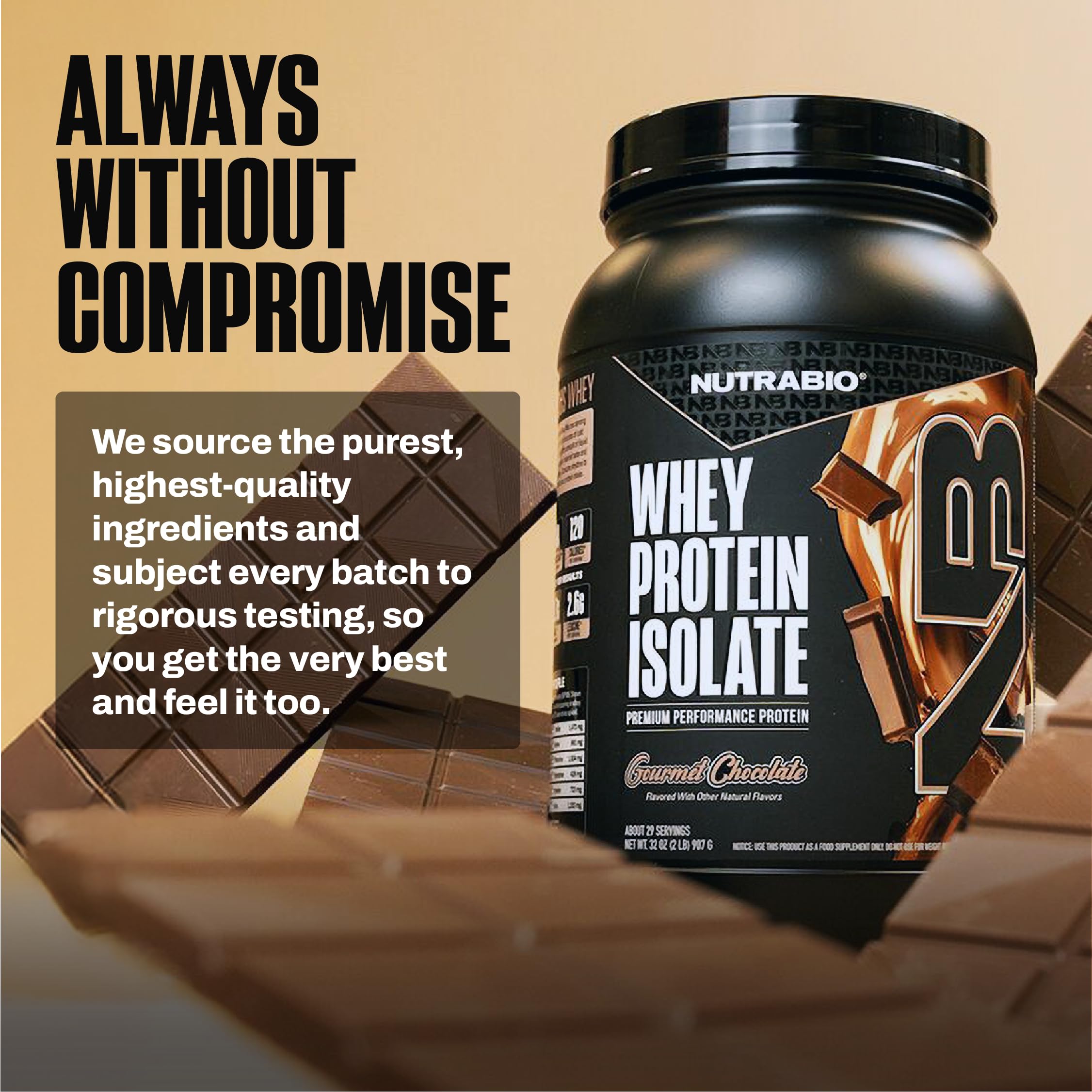 NutraBio whey isolate serving cup beside shaker for daily protein boost.