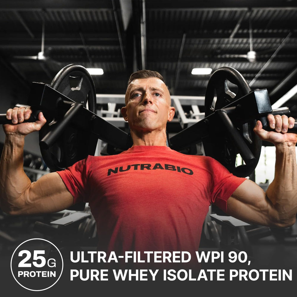 NutraBio whey isolate shake in a shaker for post-workout.