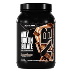 NutraBio whey isolate chocolate tub in 2lb pack for high-protein workouts.