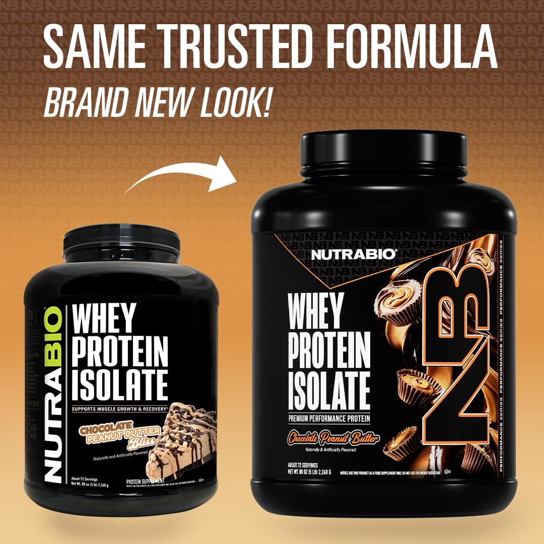 NutraBio whey protein isolate Chocolate Peanut Butter bottle label highlights low carb and gluten-free formula