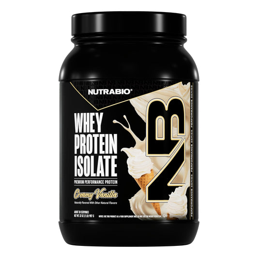 NutraBio whey protein isolate creamy vanilla tub for lean protein shakes