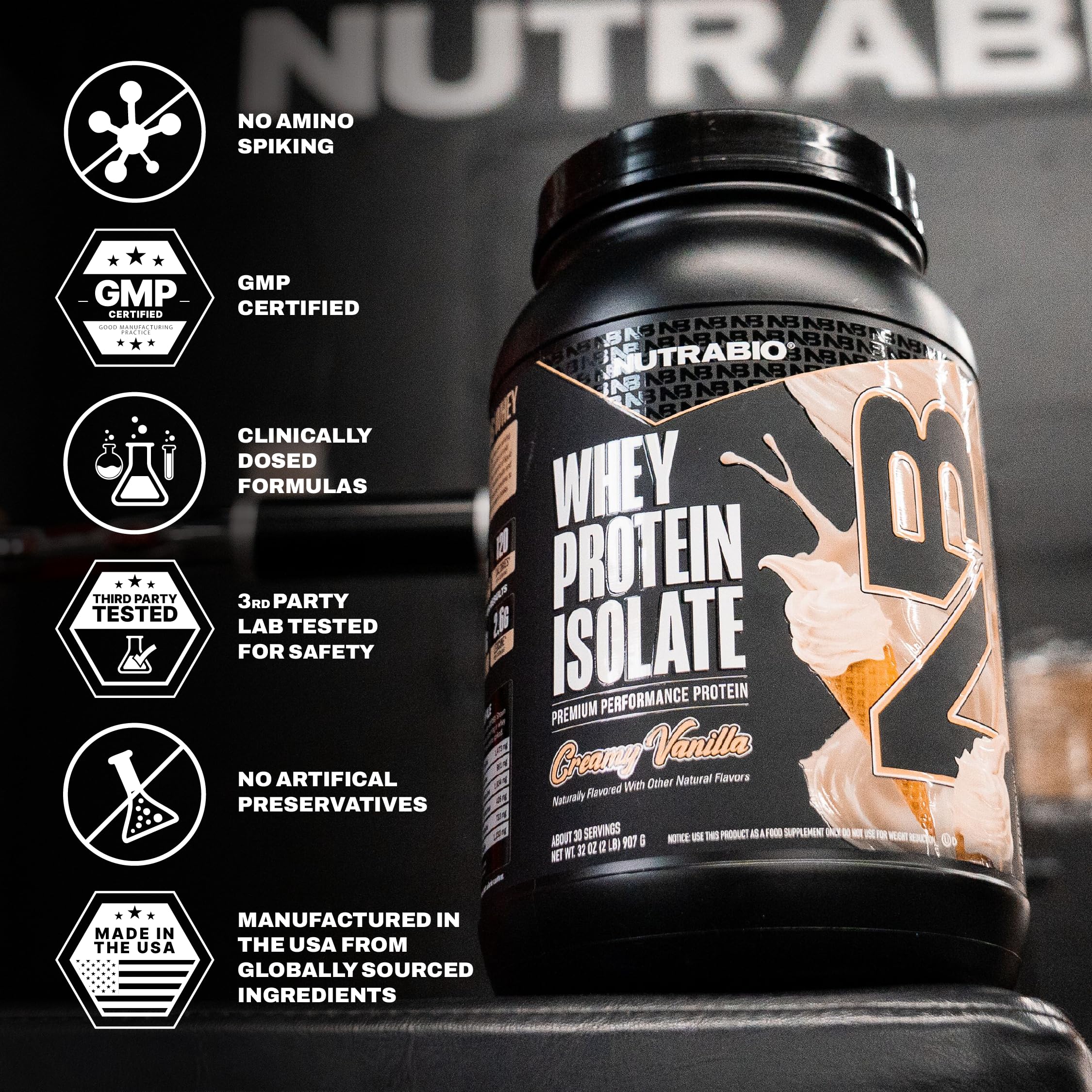 Easy-to-dispense NutraBio whey isolate scoop with powder