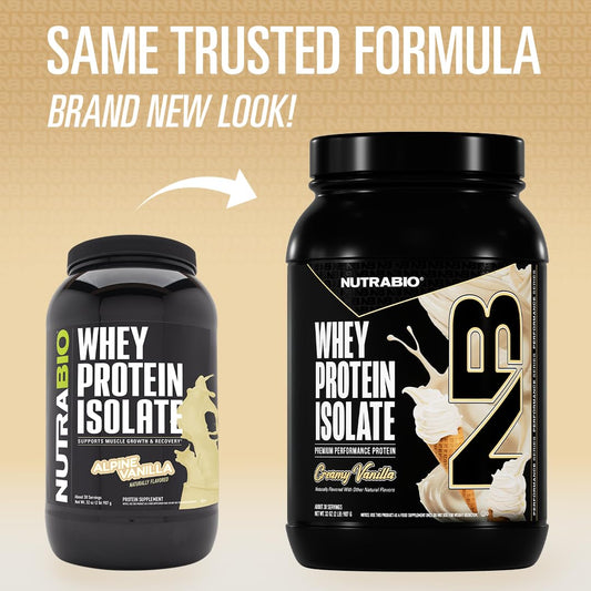 NutraBio whey protein isolate nutrition panel showing amino acids