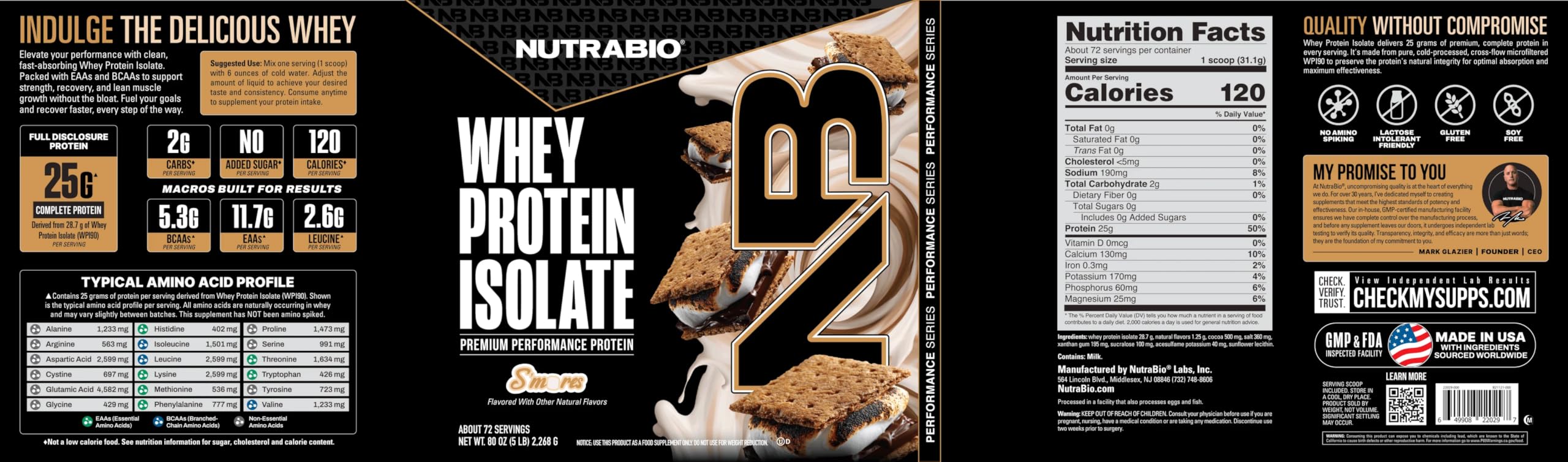 NutraBio Whey Protein Isolate label close-up showing Non-GMO and gluten-free attributes