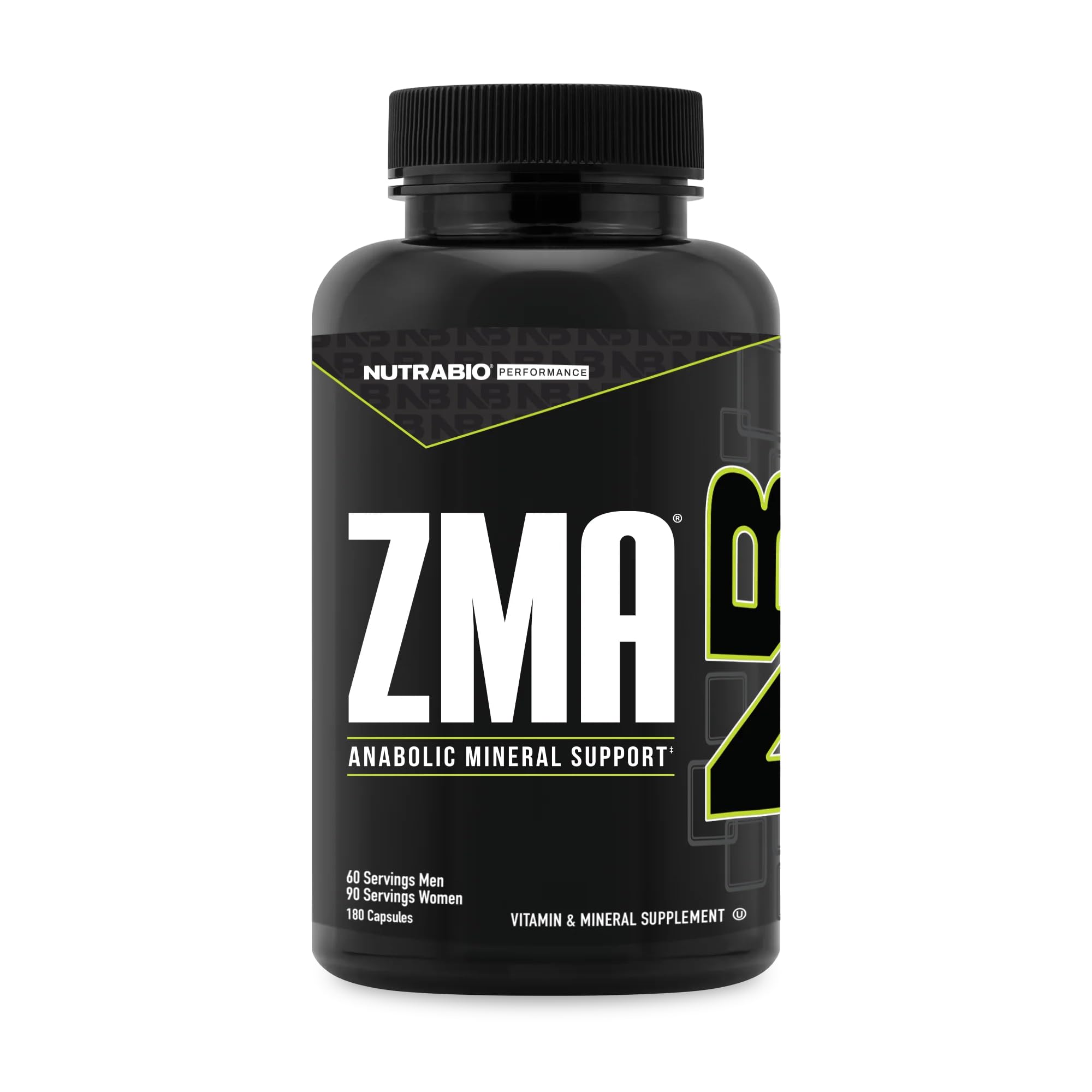 NutraBio ZMA bottle front shows branding and dosage for athletes seeking mineral support.