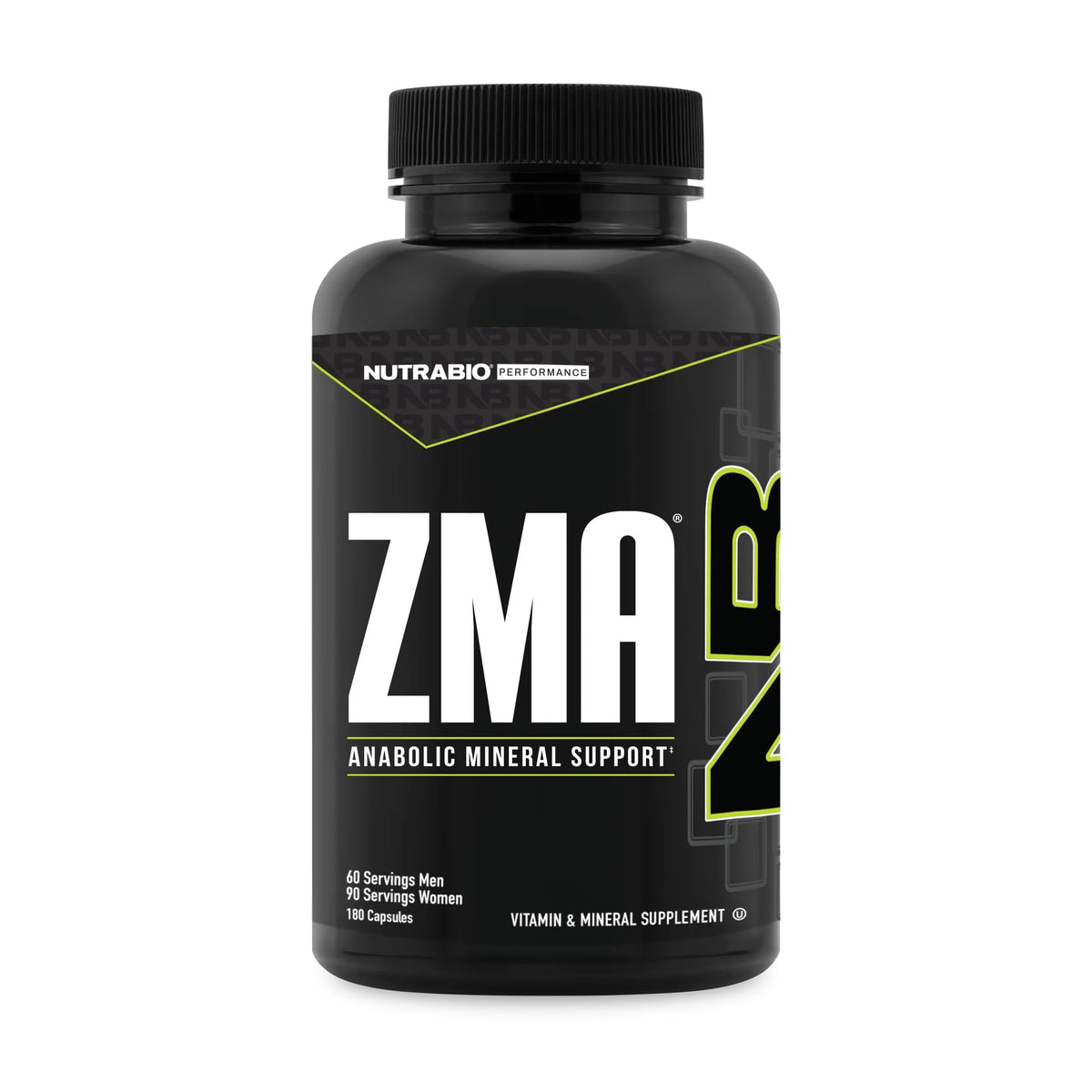 NutraBio ZMA bottle front shows branding and dosage for athletes seeking mineral support.