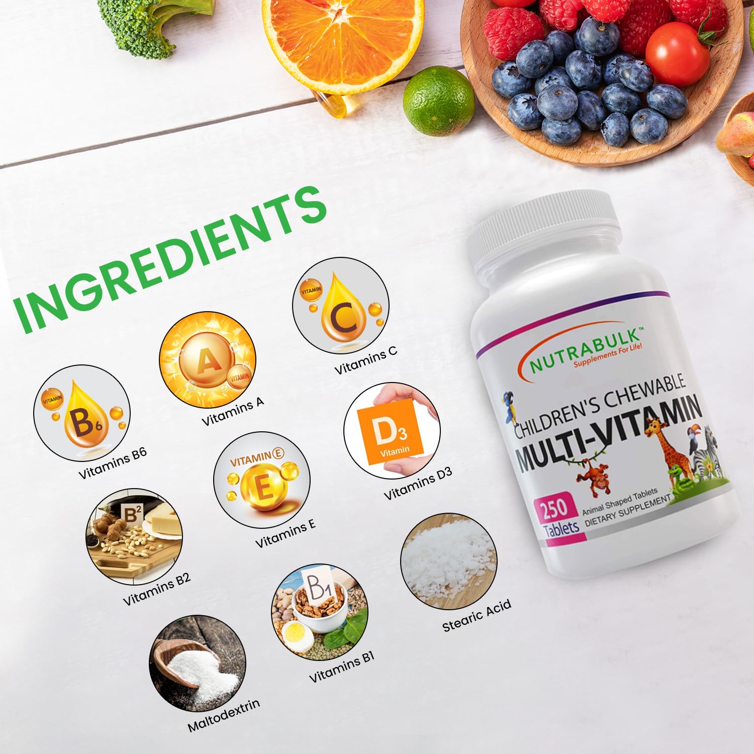 NutraBulk Children's Chewables in tiger shapes offer flavorful nutrient support for active kids