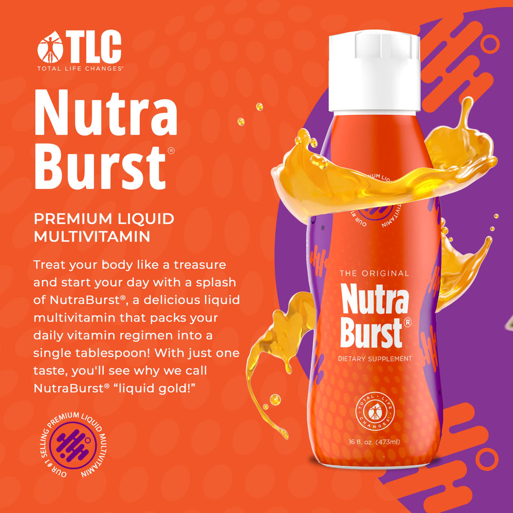 NutraBurst liquid pour demonstrates easy dosing for a morning routine.
