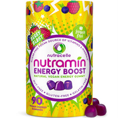 Nutramin Energy Boost allergen-free badge communicates gluten-free, no gelatin safety
