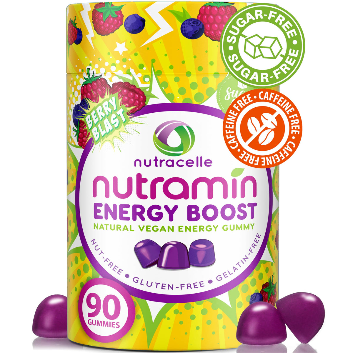 Nutramin Energy Boost bottle-front showing caffeine-free, sugar-free energy option for on-the-go adults