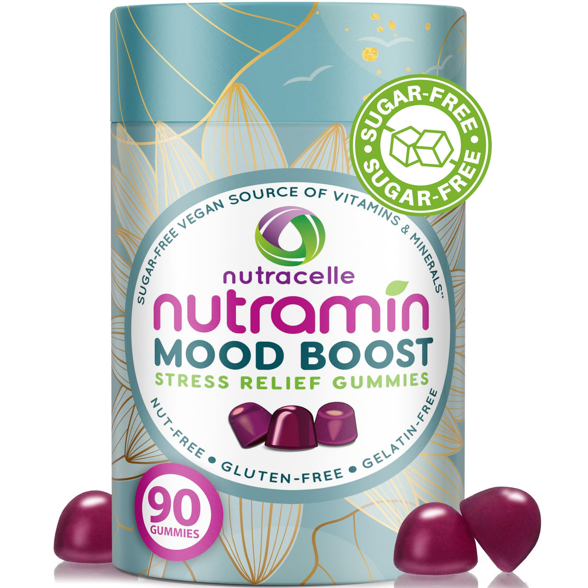 Nutracelle Nutramin Mood Boost bottle pouring gummies to promote calm focus.