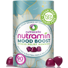 Nutracelle Nutramin Mood Boost bottle pouring gummies to promote calm focus.