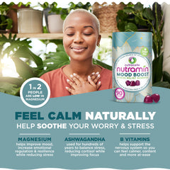 Nutracelle Nutramin Mood Boost gummies close-up with strawberry flavor.