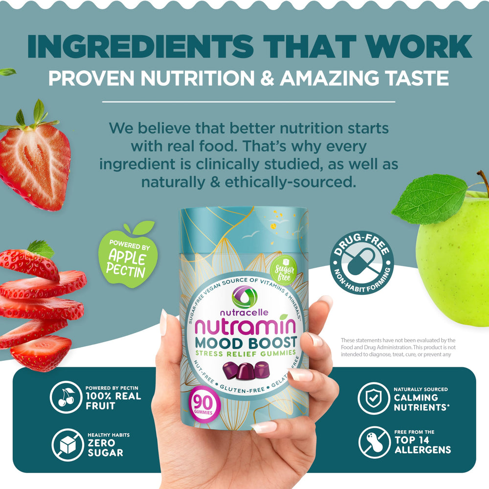 Nutracelle Nutramin Mood Boost strawberry flavor gummies shown on white background.